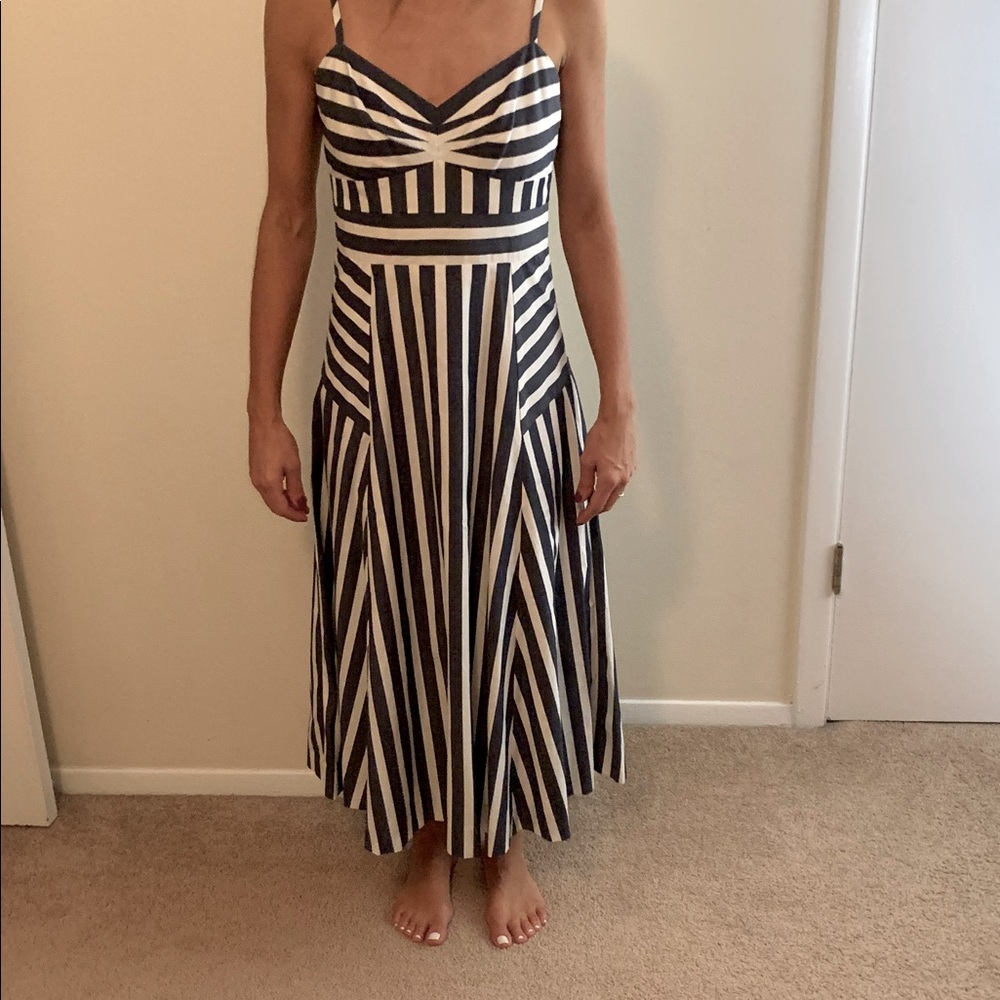 Veronica Beard Striped Navy and Cream Midi Dress - Picture 11 of 12